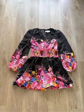 elliatt alice black ombre floral print long sleeve mini dress size large NEW